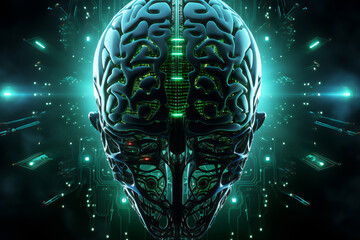 Wall Mural - printed circuit brain emulating cognitive neural functions through an alien android computer process
