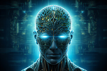 Wall Mural - printed circuit brain emulating cognitive neural functions through an alien android computer process