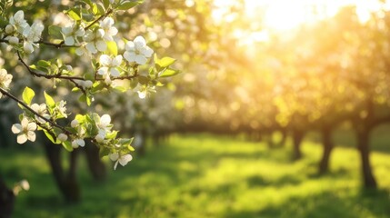 Wall Mural - Blossoming fruit trees in a sunny orchard, symbolizing abundance and new life.