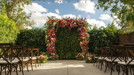 Wall Mural - Garden wedding ceremony backdrop, adorned with vibrant flowers and greenery, set for an outdoor celebration.