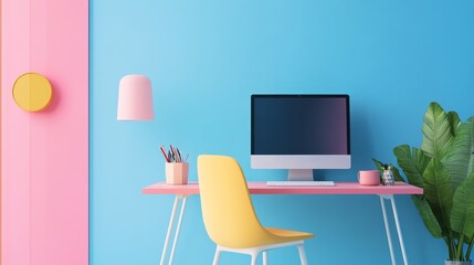 This image showcases a modern home office setup with a minimalist desk, a computer monitor, and a pink and blue color scheme. The minimalist design creates a clean and organized workspace, while the v