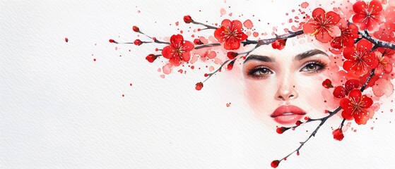 Canvas Print -  A watercolor portrait of a woman adorned with red flowers in her hair, and a cherry blossom branch atop her head