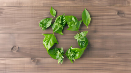 Wall Mural - Green leaves plant arrangement on wooden background for nature decor