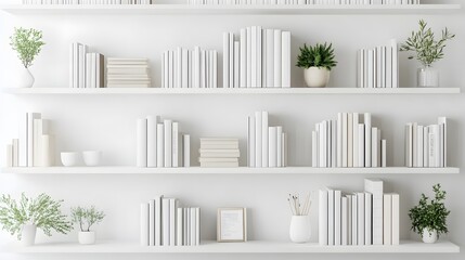 Wall Mural - A clean, white bookshelf with neatly arranged books and minimal decor