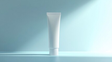 cosmetic cream tube mock-up 3d illustrations, futuristic skincare branding, floating white tube, subtle glow around the edges, simply background, gradient light blue to white color