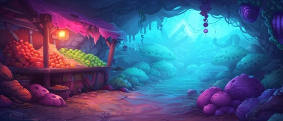  A vibrant painting of a cavern adorned with numerous multicolored rocks, concluding with a radiant beacon of light at the tunnel's end