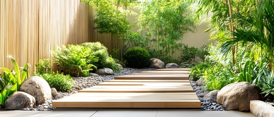 Wall Mural - Wooden Pathway Through Lush Garden.