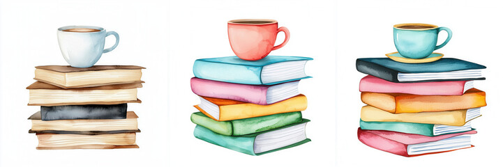 A stack of graded papers with a coffee cup on top, watercolor illustration, pastel tones, isolated on white background, perfect for nursery