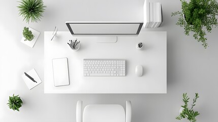 Wall Mural - A top-down view of a simple, modern desk setup with clean lines and minimal clutter