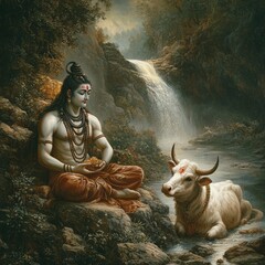 Shiva, the Hindu god, sits in meditation with his sacred bull Nandi by a waterfall in a forest.