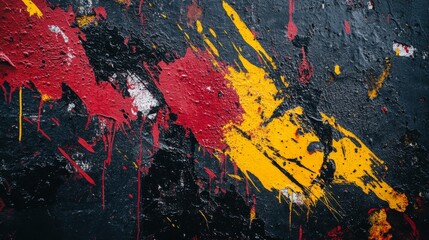 Wall Mural - The textured wall displays an energetic mix of bold red, yellow, and black paint splatters, representing an artistic expression in an urban environment filled with creativity