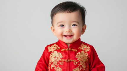 Sticker - Adorable Chinese baby model wearing traditional red silk outfit with golden embroidery isolated on white background smiling brightly 