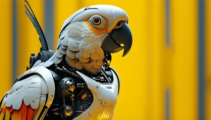 Futuristic cyborg parrot against a vibrant yellow backdrop, blending wildlife with cutting-edge technology for striking visual appeal in design projects