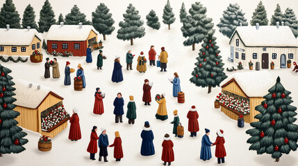 Poster - Bustling Christmas bazaar with carolers singing, shoppers bundled in winter coats, and stalls decorated with holly and tinsel 