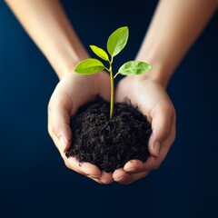 Wall Mural - Closeup of hands holding a small green plant growing from soil.