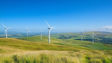 The striking wind farm captures numerous towering turbines set against lush green hills, highlighting the beauty of renewable energy under clear blue skies