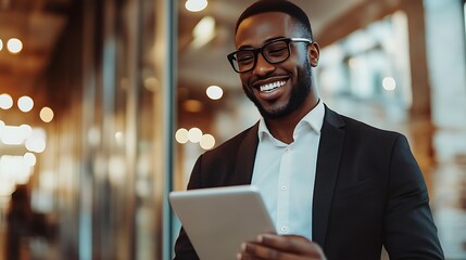 Portrait of smiling african american businessman using digital tablet in office