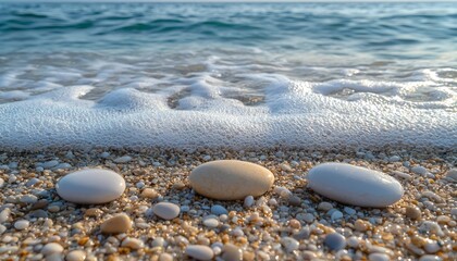 Poster - Three Smooth Stones on a Pebble Beach with Foamy Ocean Water