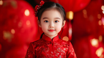 Poster - Chinese baby models in festive cheongsam dresses posing with large red lanterns in a bright celebration setting 