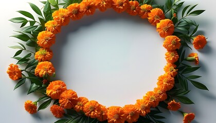 Vibrant marigold flower garland with lush leaves on white backdrop, celebrating Indian religious holidays like Gudi Padwa and Ugadi, perfect for banners and headers