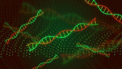 Poster - DNA strands and binary coding, scientific data processing animation