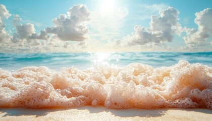 Close-up of foamy sea wave against a backdrop of white clouds and blue sky