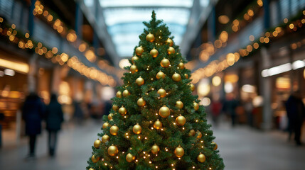 Poster - Christmas bazaar with a giant decorated tree at the center, shoppers browsing artisan crafts and holiday foods, festive buzz 