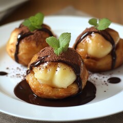 Wall Mural - Three profiteroles topped with chocolate sauce and dusted with cocoa powder.