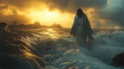 Wall Mural - Jesus walks on the stormy waters of the sea