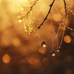 Canvas Print - Dew drops glistening on a spider web, illuminated by the warm morning sun, creating a beautiful, abstract, natural pattern.