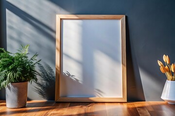 Wall Mural - Minimalist blank frame on pure wall indoor room, Bright room with blank picture frame.