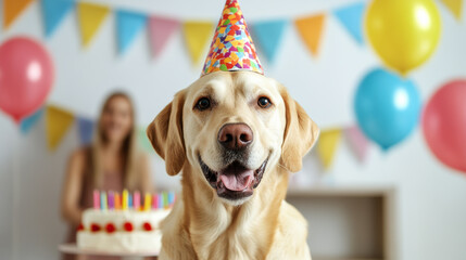 Poster - Dog wearing a birthday hat sitting in front of a cake family smiling in the background bright party decorations 