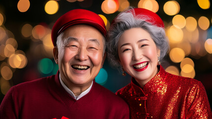 Wall Mural - Elderly Chinese couple models in classic New Year outfits laughing while holding red envelopes 