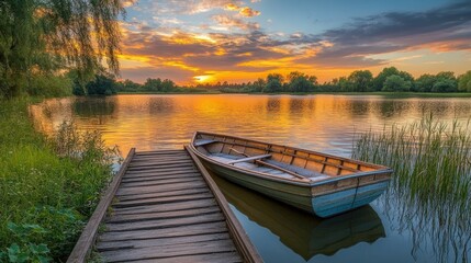 Scenic lake landscape with an old wooden bridge, a row boat, and a vibrant sky at dusk.