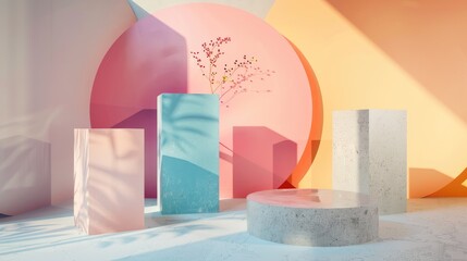 Mockup featuring geometric shapes on gradient background and cement podiums for cosmetics display.