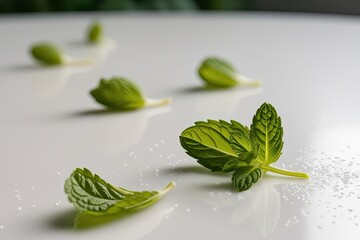 Wall Mural - Drifting Spearmint Petals Isolated on Bright White Surface with Immersive Depth of Field