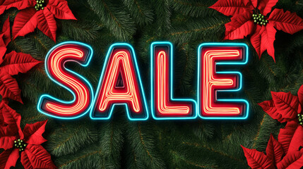 Poster - Festive Sale text in multicolor with glowing effects on a dark green background with red poinsettias 