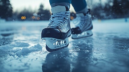 Close-up of hockey skates slicing through ice, capturing the intensity and speed of a competitive match.