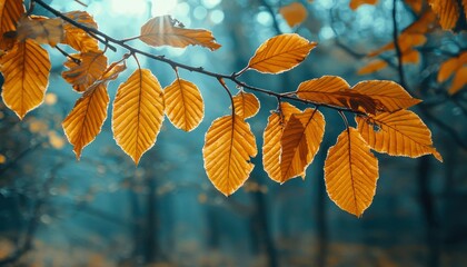 Golden Autumn Leaves on a Branch with a Sunlit Background