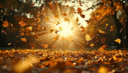 Poster - Golden Autumn Leaves Falling Towards the Sun