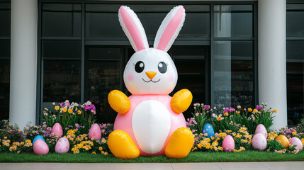 Wall Mural - Giant inflatable Easter bunny with pastel colors waving in front of a shop entrance surrounded by flowers and Easter eggs springtime decoration 