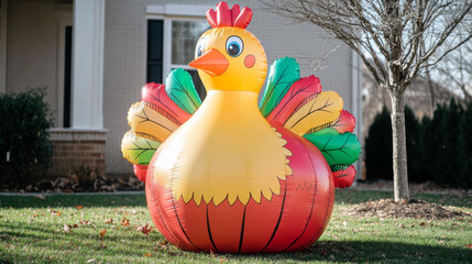 Poster - Giant inflatable turkey with vibrant feathers peeking from behind a tree in front of a house playful and festive Thanksgiving decor 