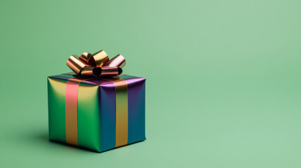 Sticker - Gift box wrapped in metallic rainbow paper on a chromakey green background 