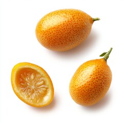 Poster - Three kumquats, one cut in half, isolated on white background.