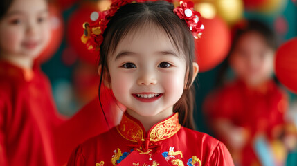 Poster - Happy babies in Chinese traditional clothes holding festive banners, with confetti and red lanterns 