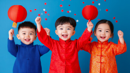 Sticker - Happy babies in Chinese traditional clothes holding festive banners, with confetti and red lanterns 