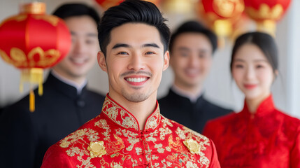 Canvas Print - Happy Chinese couple in traditional attire celebrating New Year under glowing hanging lanterns and golden symbols 