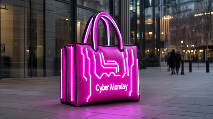 Poster - Inflatable 3D shopping bag with flashing Cyber Monday text and digital circuit designs placed outside a store drawing in shoppers 