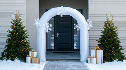 Wall Mural - Inflatable Christmas archway with snowflakes and presents welcoming guests at the entrance of a decorated suburban home 