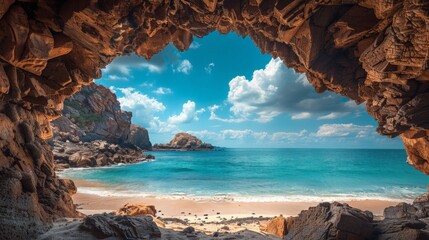 A breathtaking view of a tranquil beach framed by rugged rocks under a vast sky filled with captivating clouds and blue hues.